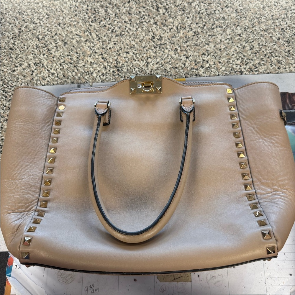 Valentino Garavani Gold-Studded Beige Leather Tote